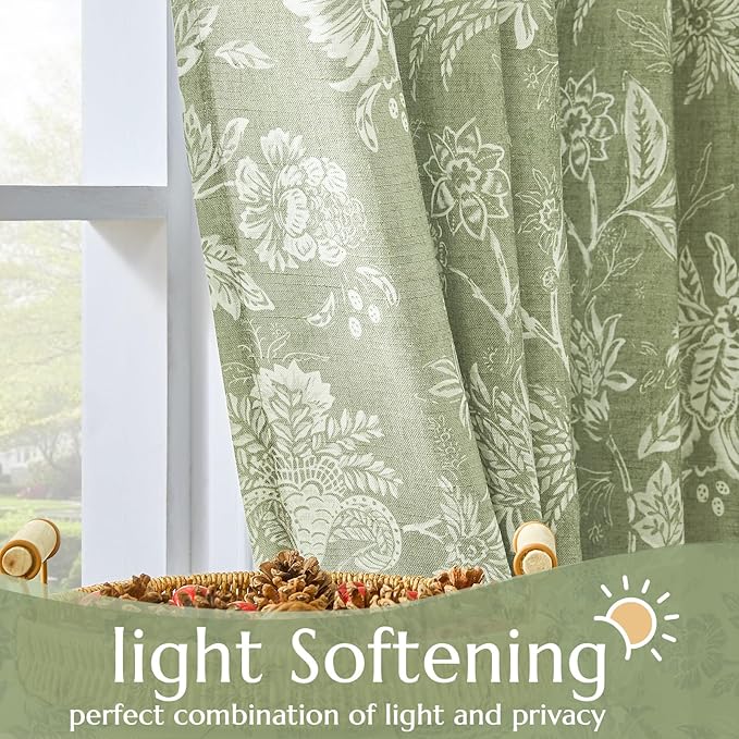 jinchan Linen Floral Curtains for Living Room with Printed Flower 84 Inches Long Light Filtering French Country Back Tab Rod Pocket Sage Green Window Curtain Set Farmhouse Drapes 2 Panels - Image 5