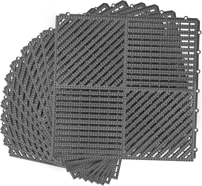 MYFAMIREA Modular Interlocking Cushion 12 Pack 11.8" x 11.8" Rubber Floor Tiles Non-Slip Splicing Drainage Mats for Deck, Pool, Shower, Patio, Balcony, Bathroom, Kitchen, Yard (2 Rows Dots, Dark Gray) by MYFAMIREA