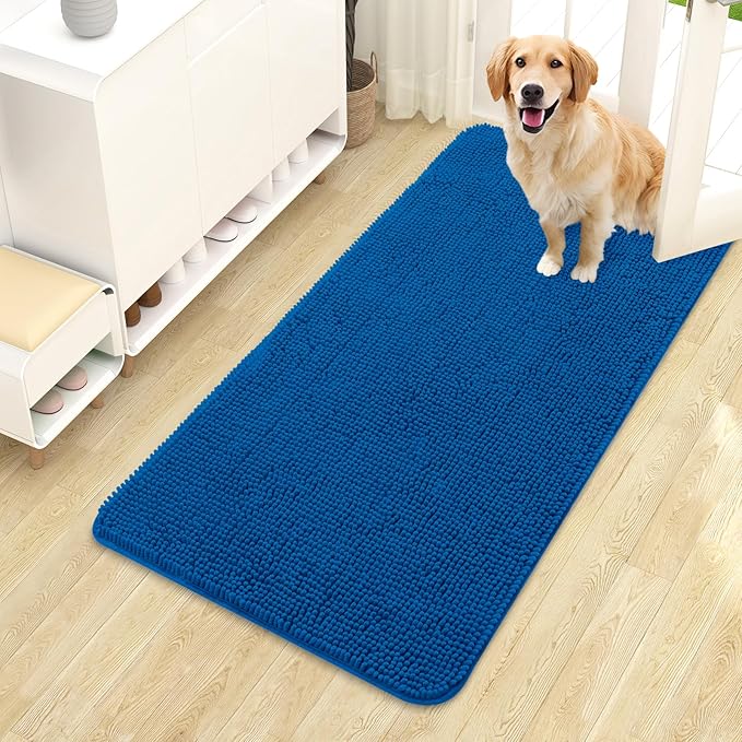OLANLY Dog Door Mat for Muddy Paws 44x24, Absorbs Moisture and Dirt, Absorbent Non-Slip Washable Doormat, Quick Dry Chenille Mud Mat, Entry Indoor Entryway Carpet for Inside Floor, Deep Navy Blue by OLANLY