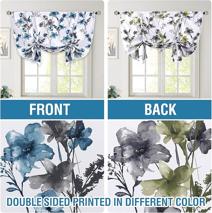 H.VERSAILTEX Tie Up Curtain Double Sided Cattleya Floral Printed Window Valance Balloon Roman Curtain, Rod Pocket 1-Pack, Reversible in Blue/Olive, W 42 x L 36 - Image 3