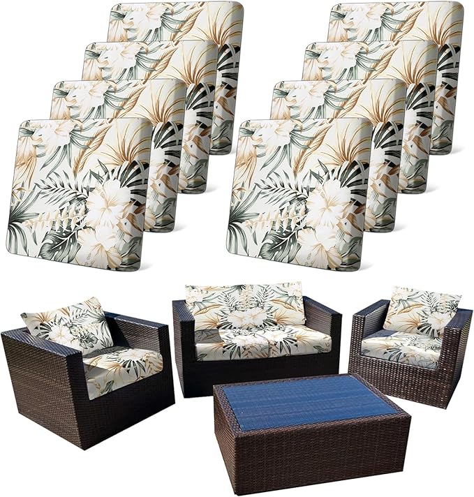 8Pcs Stretch Patio Cushion Cover, Tropical Floral and Leaf Pattern Sofa Covers for Patio Furniture Cushions Washable Reusable Couch Covers Replacement for All Season(Cover Only) by CALBODE