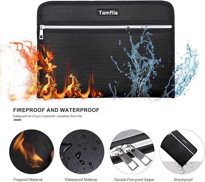 Fireproof Safe Waterproof Accordion File Bag Folder Expanding Filing Folder with 14 Multicolored Pockets, A4 Letter Size, Document Organizer Holder and Color Labels /2 Zipper (Black 14.3" x 9.8") - Image 2