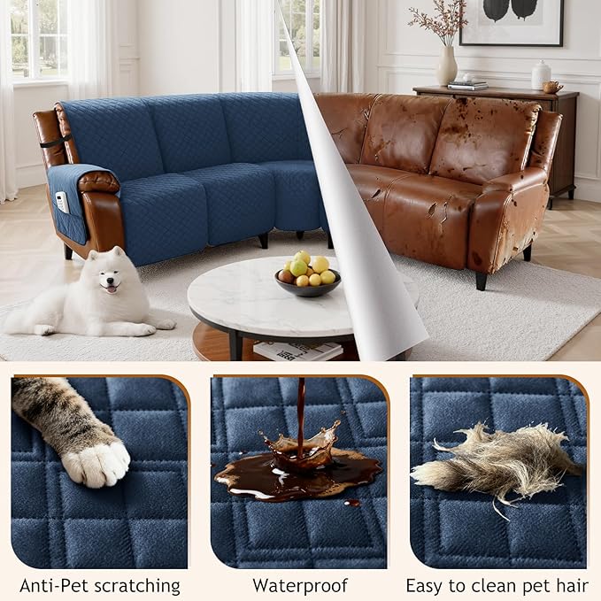 Arfntevss Waterproof Recliner Sectional Couch Covers for Reclining Sectional L Shape Sofa Cover Non Slip Washable Recliner L Shaped Slipcover Sets for Dog Furniture Protector (5 Seater, Dark Blue) - Image 6