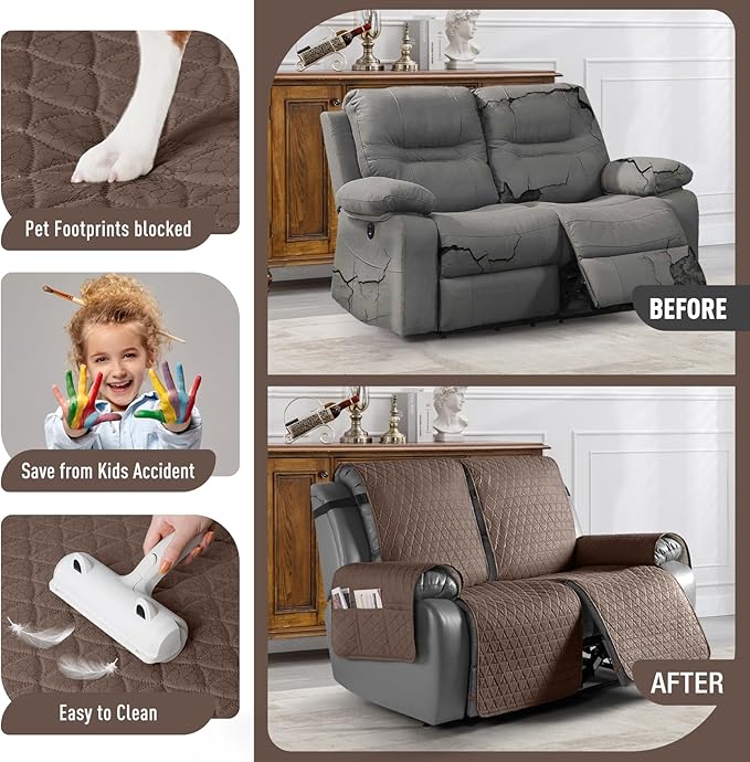 TAOCOCO 100% Waterproof Recliner Cover, Non-Slip Washable Reclining Couch Cover with Elastic Leg Straps, Furniture Protector for Dogs (Brown, 2 Seater) - Image 2