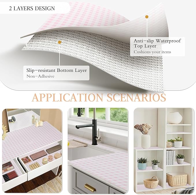 Beautysaid Shelf and Drawer Liner for Kitchen Cabinet, Non Adhesive Non Slip Shelf Paper Waterproof Washable Thickened for Dresser Pantry Shelve Bathroom Protector Liner(Pink Checker,23.6 in x 10 FT) - Image 3