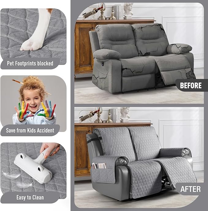 TAOCOCO 100% Waterproof Recliner Cover, Non-Slip Washable Reclining Couch Cover with Elastic Leg Straps, Furniture Protector for Dogs (Light Gray, 2 Seater) - Image 2