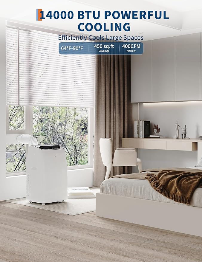 14000 BTU Portable Air Conditioner with Heat, 4 in-1 AC Unit with Fan, Dehumidifier & Heater, Cools & Sleep Mode for Rooms Up to 750 Sq.Ft, Remote Control & 24H Timer Windows Kit Included - Image 2