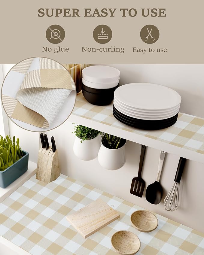 Shelf Liner for Kitchen Cabinets Non-Adhesive Drawer Liners Non-Slip Strong Grip Cabinet Liners Thickened Paper for Shelves, Dresser, Cupboard, Tool Box, Pantry, Bathroom Drawers Beige 17.5In x 10FT - Image 3