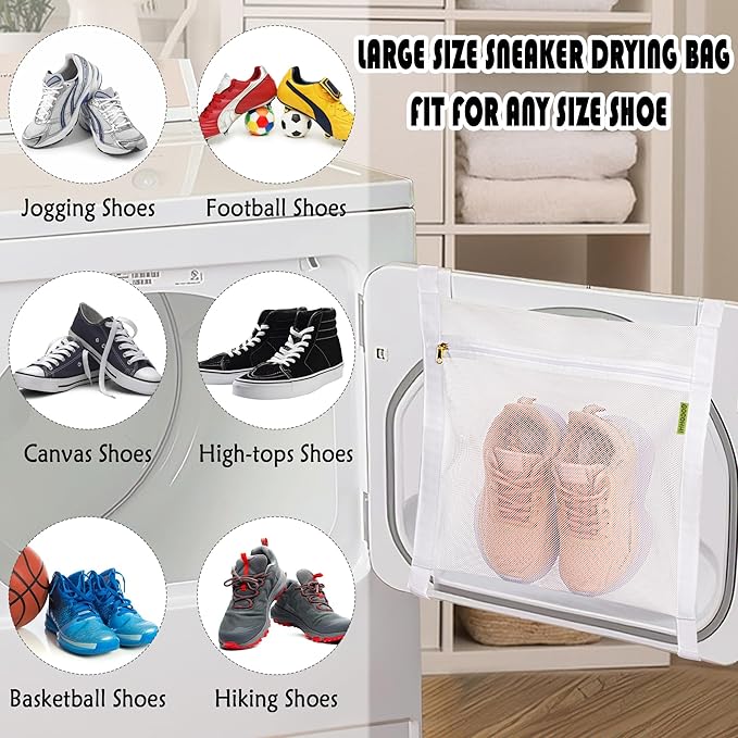 Sneaker Wash & Dry Net Bag for Dryer, 15.7x13.8 Inch Large HoneyComber Mesh Bags with Zipper and Strap for Shoes, Clothing, Laundry Reused Bag Tool (2 Pcs White) - Image 3