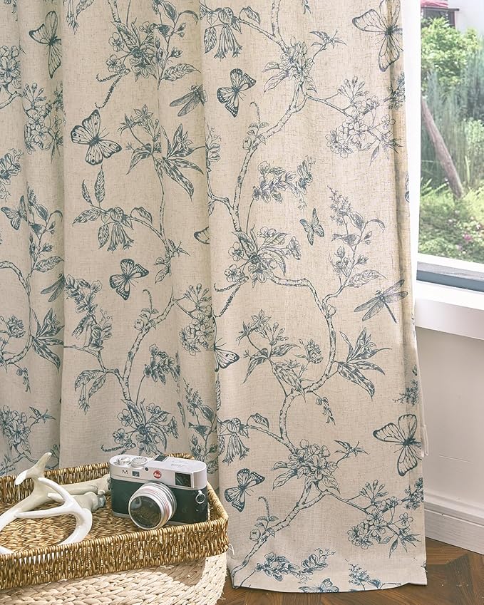 jinchan Floral Linen Curtains for Living Room 84 Inch Length Butterfly Curtain Blue Floral Curtains French Country Farmhouse Curtain Flower Patterned Drapes Window Treatment Set 2 Panels - Image 5
