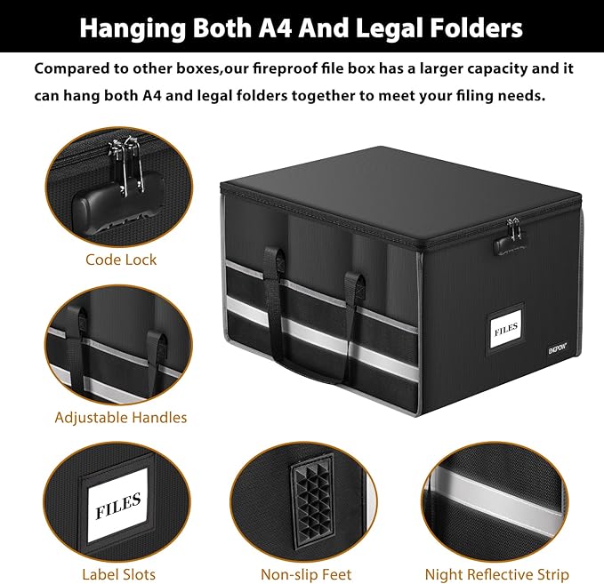 ENGPOW Fireproof Document Box with Lock, File Storage Organizer Box with Inserts ＆Mesh Pockets, Collapsible Portable Large Filing Cabinet Safe for Hanging Both Letter and Legal Folders(19"x16"x11") - Image 4
