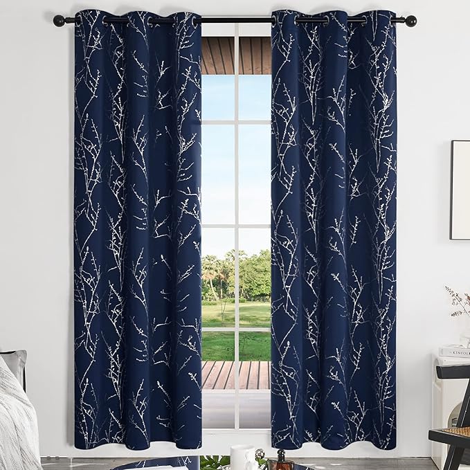 Deconovo Blackout Curtains, Navy Blue Curtain, Thermal Insulated Soundproof Drapes, Branch Silver Print, 42 x 84 Inch Long, Machine Washable Grommet Panels for Bedroom Living Room Office, Set of 2 - Image 2