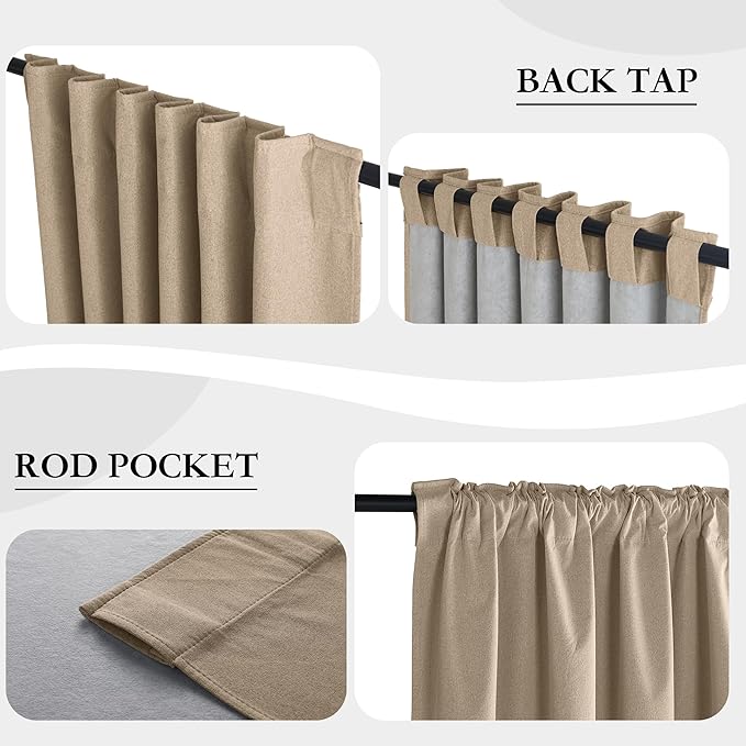 RYB HOME 100% Blackout Flax Linen Curtains, UV Protection Drapes for Bedroom, Rod Pocket & Back Tab UV Protection Drapes, Living Room & Villa Theater, Set of 2, W52 x L108, Mocha - Image 6