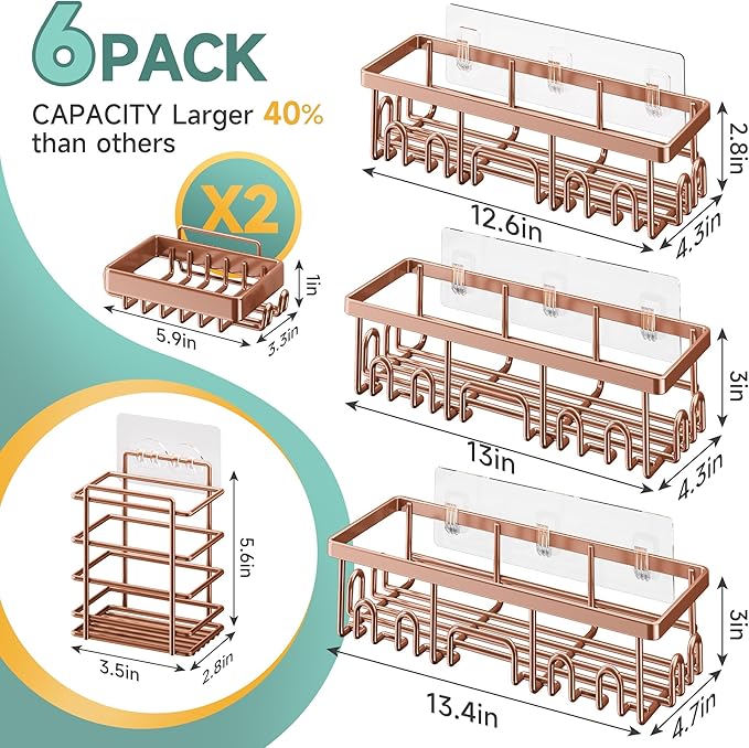 Veken Shower Caddy 6-Pack, No Drilling & Rustproof, Waterproof Adhesive Shelves Rack with Soap Holder, Large Capacity Bathroom Organizers and Storage, Wall-Mounted Kitchen & Home Decor, Rose Gold - Image 7