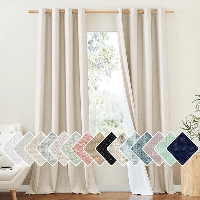 NICETOWN 100% Absolutely Blackout Linen Curtains with Thermal Insulated White Liner, 52" W, 2 PCs, Beige, 108" Long Drapes Sweep The Floor Decorative Keep Privacy Panels for Living Room/Villa/Bedroom by NICETOWN