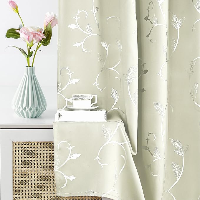 BUHUA Blackout Curtains Silver Foil Print Flower Vine Grommet Drapes, Room Darkening Thermal Insulated Curtains, Noise Reducing Curtain for Bedroom, Cream, 52Wx84L, 2 Panels - Image 6