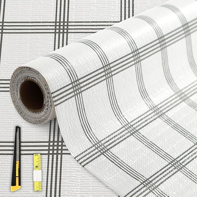 FINNEZ Drawer and Shelf Liner for Kitchen Cabinet Non Adhesive Non Slip 17in x 20FT, Heavy Duty Gripper Cabinet Liners, Waterproof No Residue Easy Cut with Measuring Tape & Cutter Tool (White Stripes) by FINNEZ