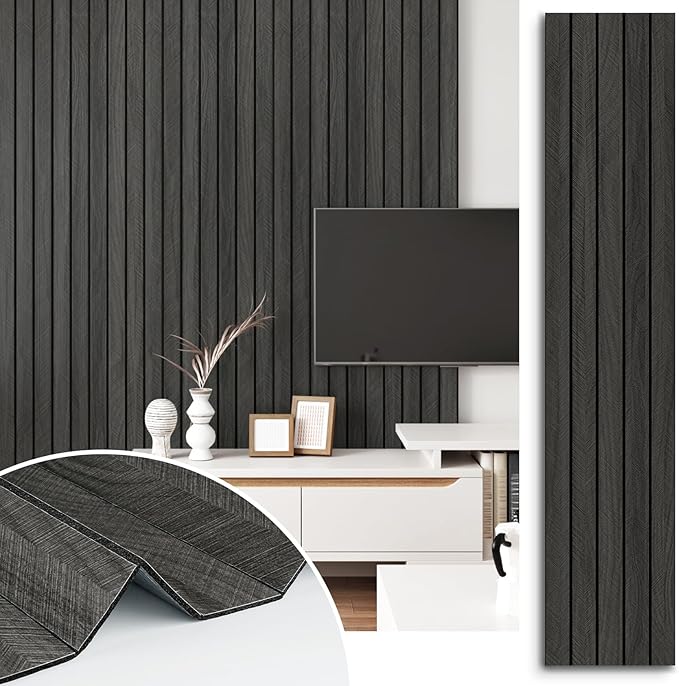 Self Adhesive Wood Slat Wall Paneling Grey/Black 3D Wood Panels for Wall Decor Soundproof Peel and Stick Wooden Grain Panel Wallpaper for Living Room Bedroom Dinner Office 12" x 120" by STICKEEP