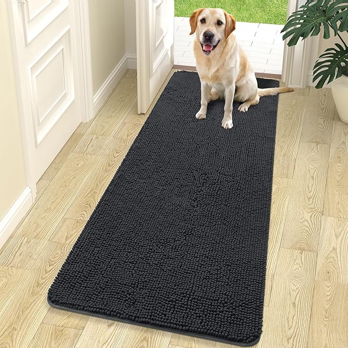 OLANLY Dog Door Mat for Muddy Paws 70x24, Absorbs Moisture and Dirt, Absorbent Non-Slip Washable Doormat, Quick Dry Chenille Mud Mat for Dogs, Entry Indoor Entryway Carpet for Inside Floor, Dark Grey by OLANLY