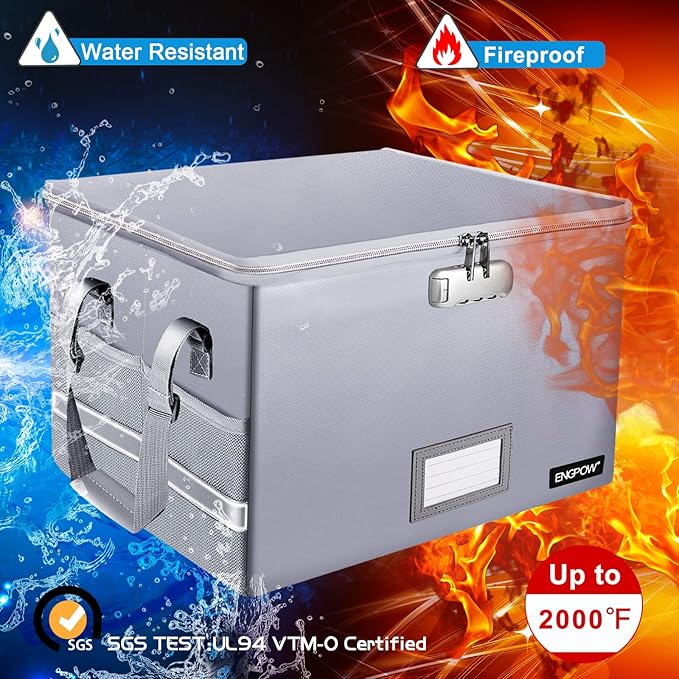 ENGPOW File Box with Lock, Fireproof Document Box with Zipper＆Pockets, Collapsible File Organizer Filing Storage Cabinet with Handle, Portable Home Office Safe for Hanging Letter/Legal Folder,Silver - Image 2