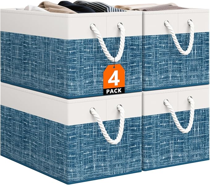 Storage Bin,Collapsible Storage Basket For Organizing,Large Storage Boxes With Rope Handles,Storage Containers,White & Blue,4 Pack by StorageTastic