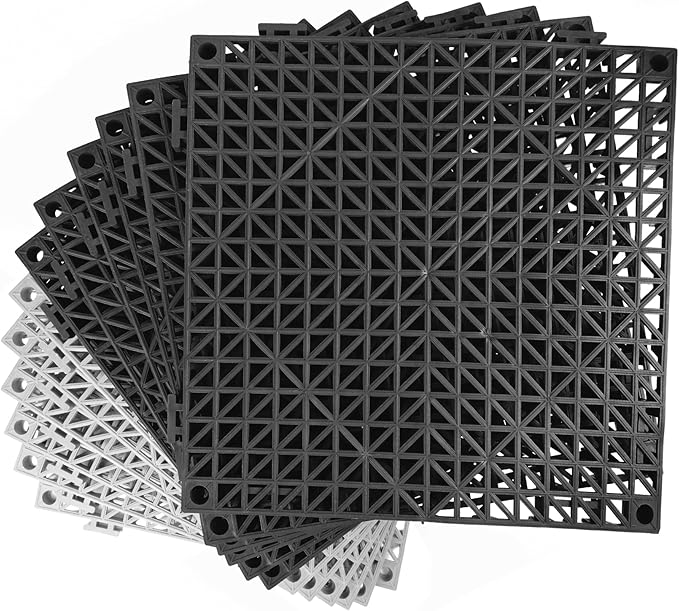 MYFAMIREA Modular Interlocking Cushion 12 Pack 11.8" x 11.8" Rubber Floor Tiles Non-Slip Splicing Drainage Mats for Deck, Pool, Outdoor Shower, Patio, Balcony, Indoor Bathroom, Kitchen (Gary Black) by MYFAMIREA