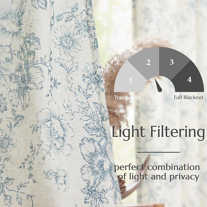jinchan Linen Floral Curtains 100 Inch Extra Wide for Patio Sliding Glass Door Room Divider Curtain for Living Room 96 Inch Length Farmhouse Peony Blue Printed Curtain Set 1 Panel - Image 6