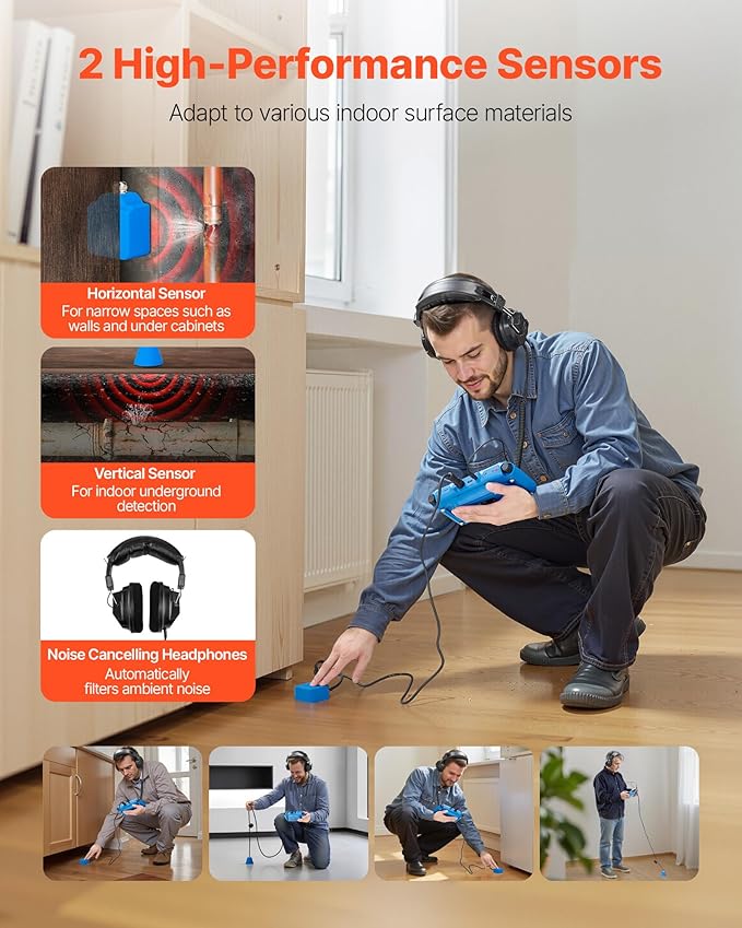 VEVOR Pipe Water Leak Detector for Indoors, 1Hz-10000Hz, 7" Touchscreen Plumbing Water Leakage Detection Locator with Horizontal & Vertical Sensors, Headphones, 8GB SD Card & Carry Case for Home Use - Image 4