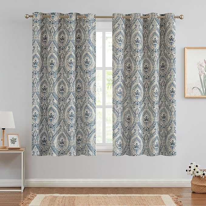 Vangao Vintage Damask Blue Curtains 63 Inch Long Blackout Curtains Linen Textured Floral Paisley Medallion Print for Bedroom Living Room Darkening Drapes Retro Window Treatment 2 Panels Navy on Beige - Image 2