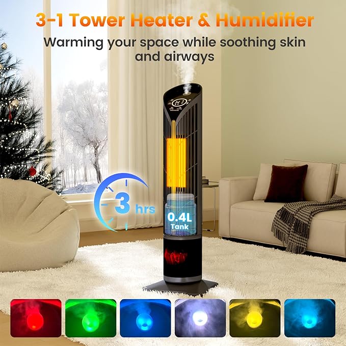 Auertech 28" Space Heater with Humidifier & LED Lights, 3 in 1 Electric Space Heater with 3D Flame, Oscillating Room Heaters with Eco Mode, 12H Timer, Space Heaters for Indoor Use Large Room, Bedroom - Image 3