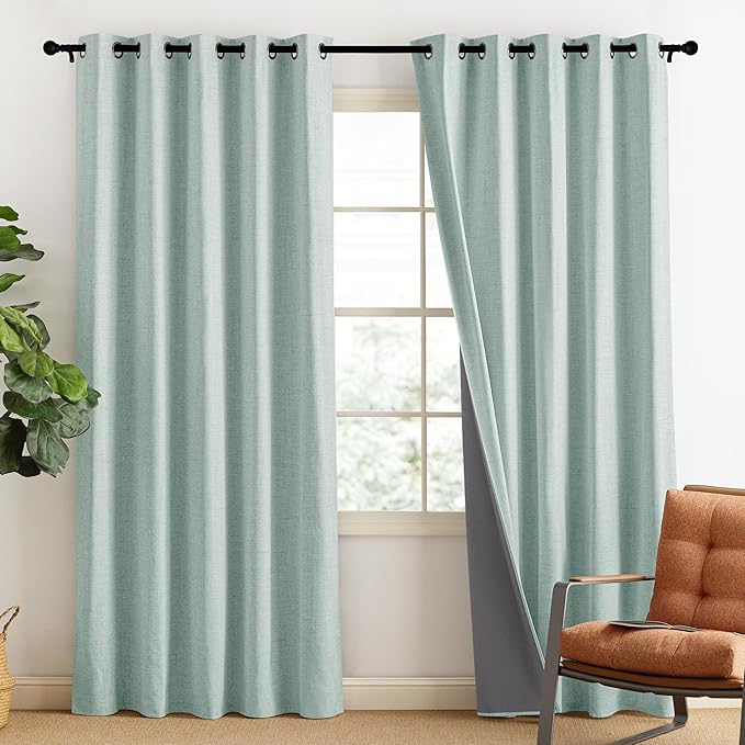 NICETOWN 100% Absolutely Blackout Linen Curtains with Thermal Insulated Liner, Seafoam Green, 62" Wide, 84" Length Energy Saving Curtains for Living Room 2 Panels Set, Vertical Blinds - Image 2