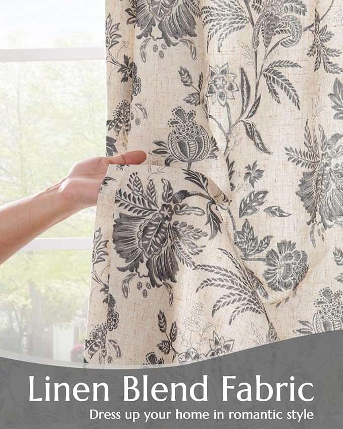 jinchan Lined Linen Floral Curtains for Living Room, 84 Inch Length Printed Flower Farmhouse Patterned French Country Back Tab Black Window Drapes Set Privacy Bedroom Curtains, 2 Panels - Image 2