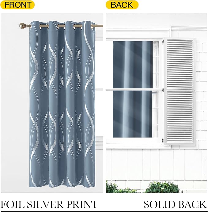NICETOWN Vintage Blue Foil Printed Curtain for Extra Wide Window, W66 x L84 inch, Wave Line Design Modern Style Drapes Privacy Protection for Room Divider, 2 Panels - Image 7