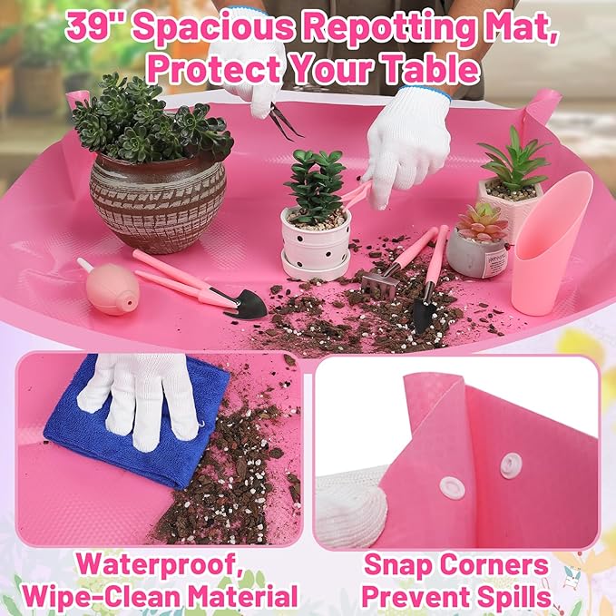 44pcs Small Gardening Tools Gifts for Women Beginners - Garden Hand Tools Set for Indoor Succulent Bonsai Plants Transplanting, Included Bag/Repotting Mat/Shovel/Labels, Pink - Image 2