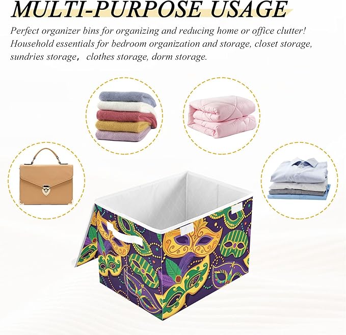 xigua Mardi Gras Mask Storage Bins with Lids and Carrying Handle,Foldable Storage Boxes Organizer Containers Baskets Cube with Cover for Home Bedroom Closet Office - Image 7