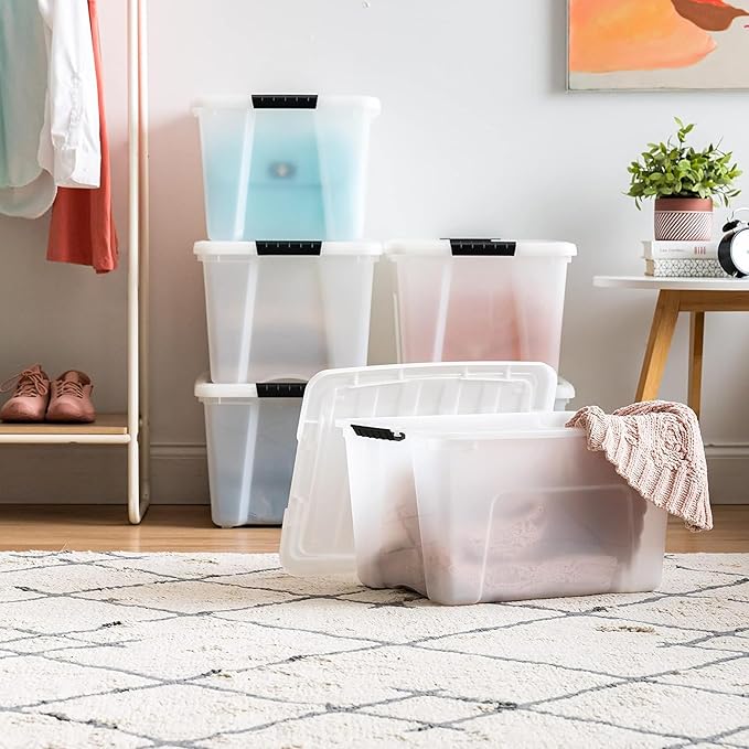 IRIS USA 40 Qt Stackable Plastic Storage Bins with Lids, 6 Pack - BPA-Free, Made in USA - Discreet Organizing Solution, Latches, Durable Nestable Containers, Secure Pull Handle - Pearl - Image 5