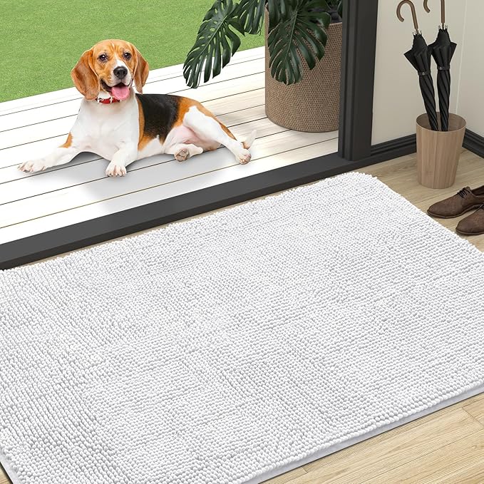 OLANLY Dog Door Mat for Muddy Paws 47x32, Absorbs Moisture and Dirt, Absorbent Non-Slip Washable Doormat, Quick Dry Chenille Mud Mat for Dogs, Entry Indoor Entryway Carpet for Inside Floor, White by OLANLY