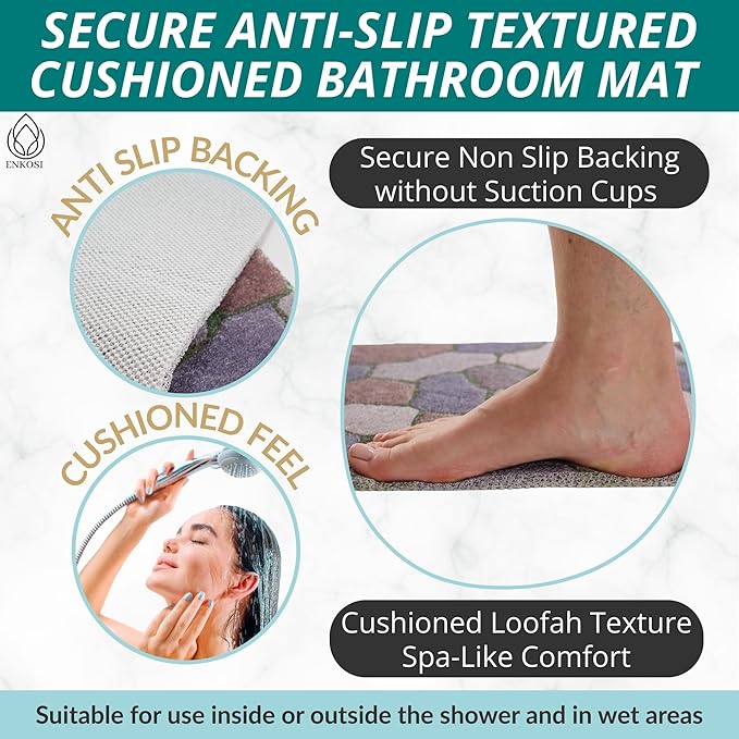 ENKOSI Loofah Non-Slip Shower and Bath Mat - Soft Cushioned Comfort - No Suction Cups for Smooth or Textured Tubs - Fast Draining - Safety for Bathroom, Family, Kids, and Elderly (24x16 Stone Path) - Image 2