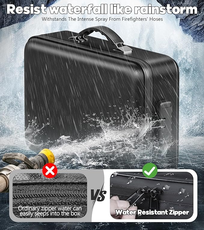Fireproof Document Box, Hard Case Highly Flame-Resistant Fire Proof Waterproof File Organizer with Lock, Portable Fire Safe for Important Documents & Valuables Storage (Black, ‎16"*12"*5") - Image 7
