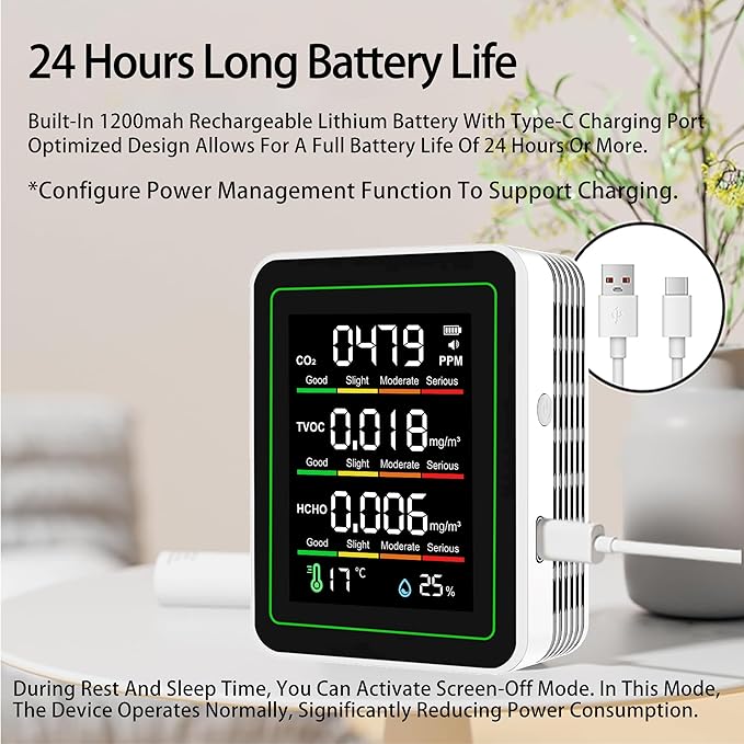 Professional Indoor Air Quality Monitor, 5 in 1 Portable Smartair Quality Tester for CO2 | TVOC | HCHO | Temp | Hum for Home, Cars, Hotel, Office, Plants and Pets ect - Image 5