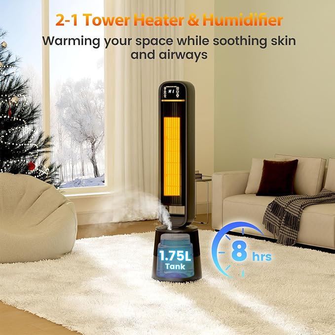Auertech 35" Space Heater and Fan Combo, 1500W Tower Heater with Humidifier, 1.75L Water Tank, 150° Oscillating, Thermostat, 2-in-1 Electric Heater Fan for Indoor Use Large Room - Image 6