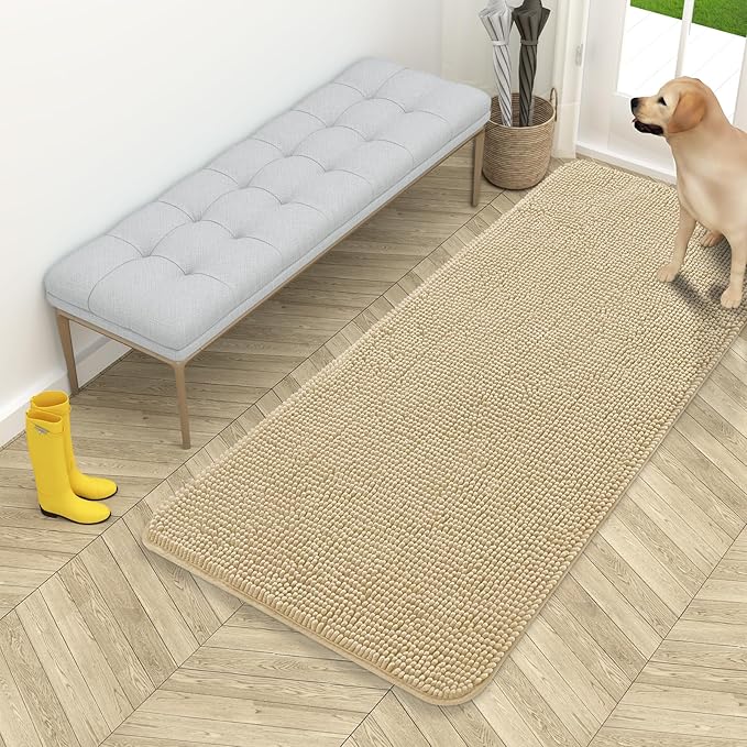 OLANLY Dog Door Mat for Muddy Paws 54x24, Absorbs Moisture and Dirt, Absorbent Non-Slip Washable Doormat, Quick Dry Chenille Mud Mat for Dogs, Entry Indoor Entryway Carpet for Inside Floor, Beige by OLANLY
