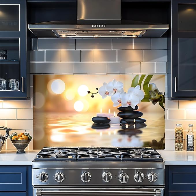 NYZE Kitchen Backsplash Stickers Waterproof Stove Backsplash Protector, 30 X 16 inch Removable Kitchen Wallpaper with Wall Art Decor for Stove Cooking Area(Orchid & Stacked Stones) by GIVEYOUTHEBEST