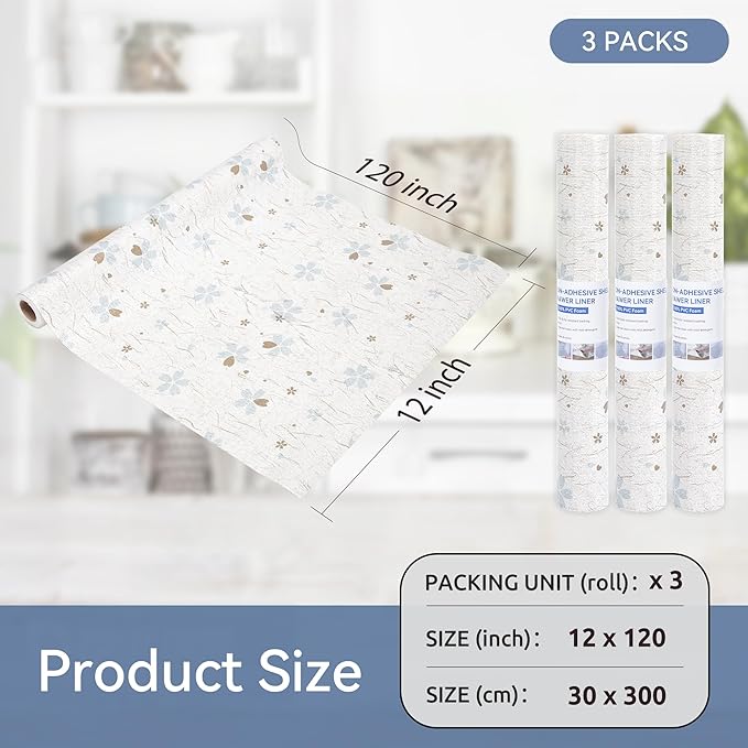 FIFTY FEET 12"x120" Non-Adhesive Shelf Liner for Kitchen Cabinets and Drawers, Washable Non-Slip PVC Cabinet Liner (White Floral)(3 Roll) - Image 5