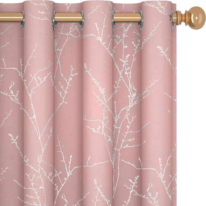 Deconovo Pink Curtains, Blackout Drapes, Thermal Insulated Soundproof Privacy Curtain, Silver Tree Print, 52 x 84 Inch, Machine Washable Window Panels for Girls Bedroom Living Room Nursery, Set of 2 by Deconovo