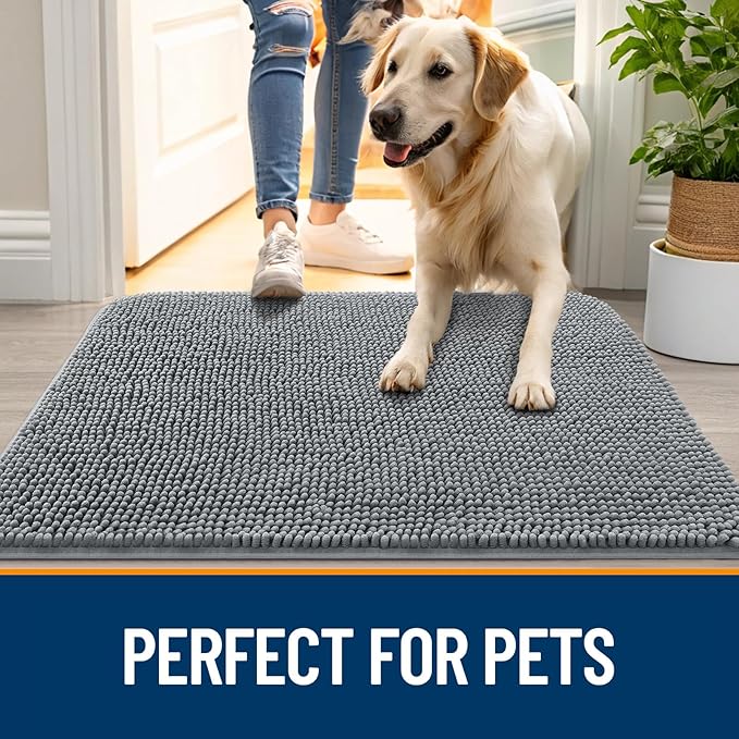 OLANLY Dog Door Mat for Muddy Paws 35x24, Absorbs Moisture and Dirt, Absorbent Non-Slip Washable Doormat, Quick Dry Chenille Mud Mat for Dogs, Entry Indoor Entryway Carpet for Inside Floor, Grey - Image 6