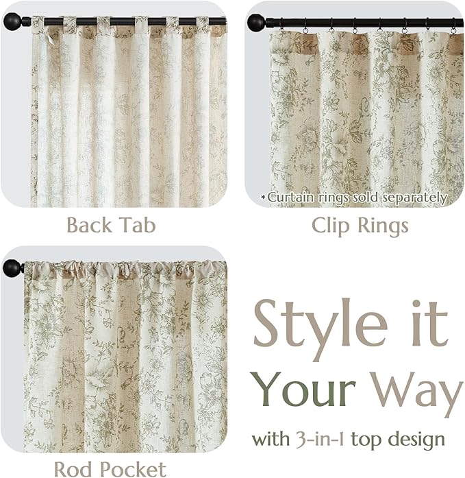 jinchan Linen Blend Floral Curtains for Living Room 45 Inch Length Farmhouse Printed Curtain Rod Pocket Back Tab Sage Green Peony Flower Patterned Drapes Bedroom Curtains Set 2 Panels - Image 6