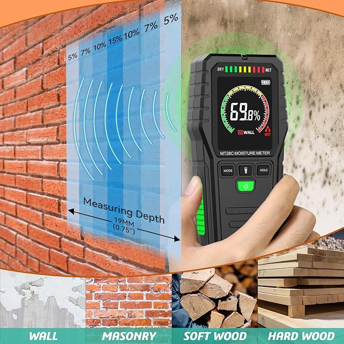 Pinless Moisture Meters Non-Invasive Digital Wood Moisture Tester Water Leak Detector for Wall,Lumber, building,Firewood,Humidity Tester (Black) - Image 3