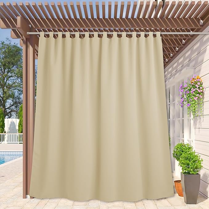 RYB HOME Extra Wide Outdoor Curtains for Patio Waterproof Tab Top Heavy Duty Thermal Insulated in Summer Full Coverage Privacy for Porch, Gazebo & Pergola, W100 x L95, Cream Beige, 1 Panel by RYBHOME