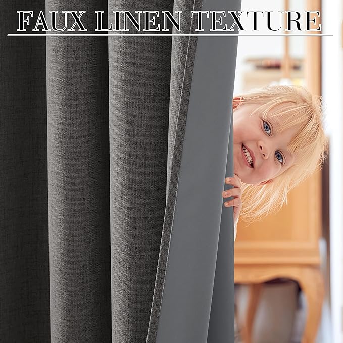 RYB HOME 100% Blackout Curtains Linen Textured 102 Inch Long, Insulating Energy Saving Window Curtains for Bedroom Living Room Dining Patio Sliding Glass Door, W52 x L102 inch, Grey, 2 Panels - Image 6